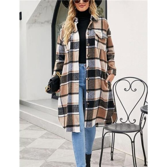 Jackets & Blazers - Brown & Black Plaid Print Button Down Long Midi Trench Flannel Jacket Shacket‎